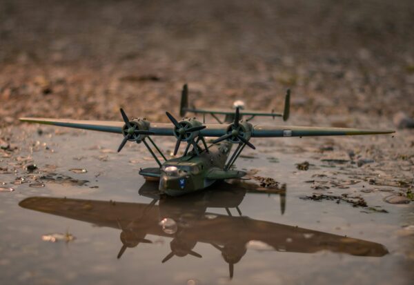 a toy airplane sitting on top of a puddle of water